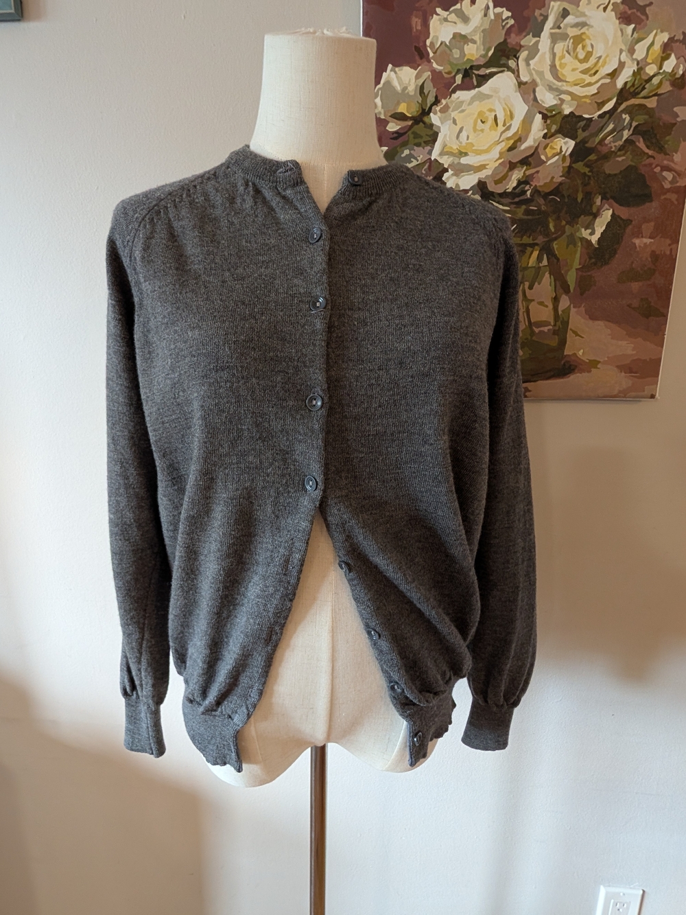 Vintage Wool Classic Grey Women's Crewneck Button Cardigan